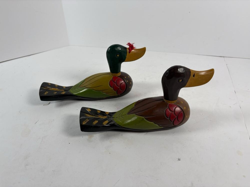 Vintage Pair Hand Carved Wood Mallard Duck Decoys Hand Painted Folk Art 9.5in